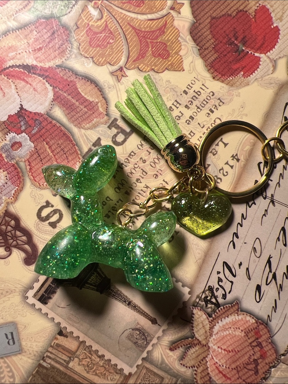 Green Glitter Balloon Dog Keychain, backpack or purse charm.